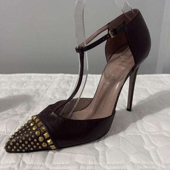 Gucci Coline Studded T-Strap Pumps Burgundy Gold Spikes Leather 40.5 Italy - Picture 4 of 15